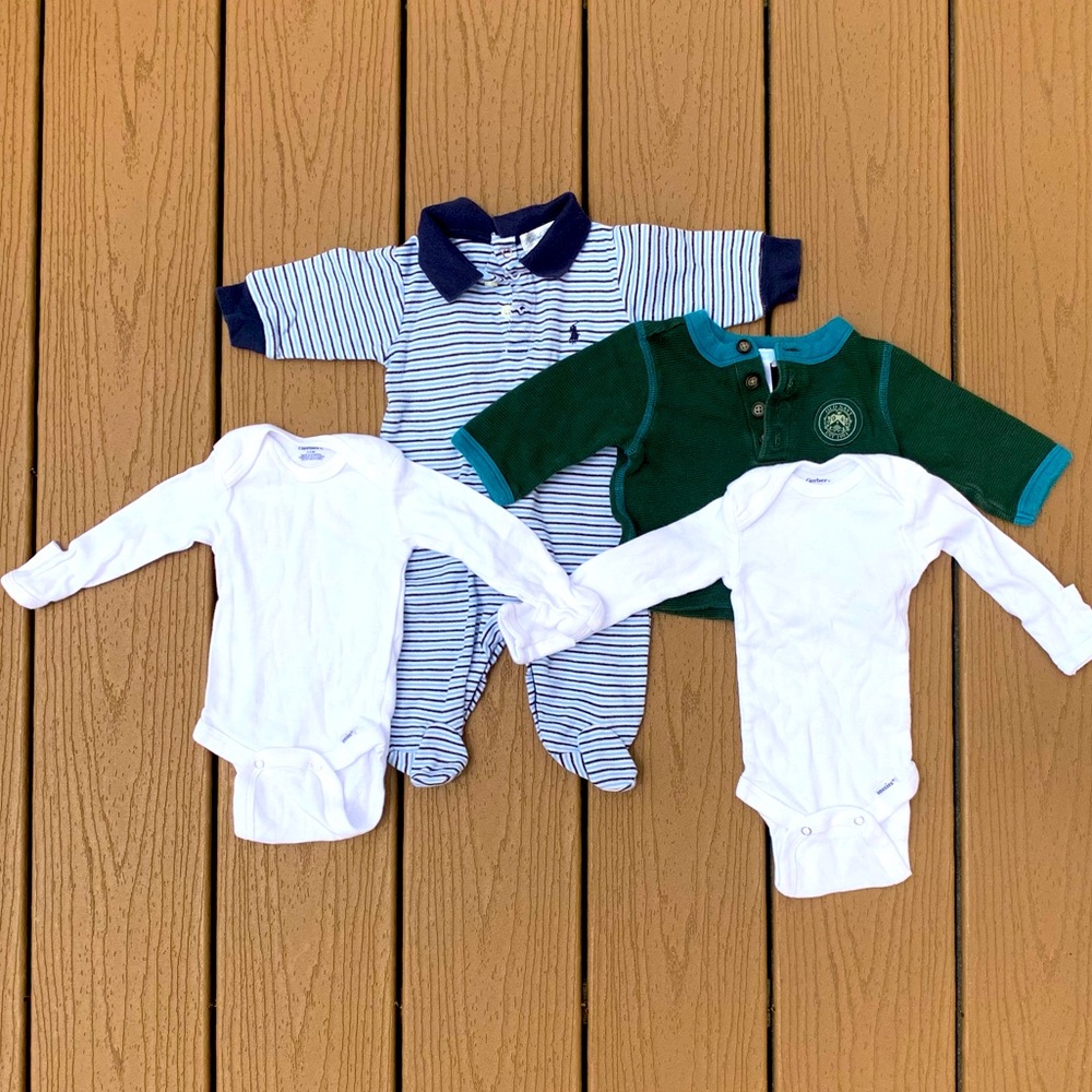 4 PC INFANTS RALPH LAUREN ONESIE & OLD NAVY SHIRT